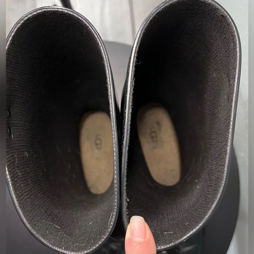 UGG AUS Shaye Glossy Black Tall Rain Boots Sheepskin Fur Lined Waterproof Spring